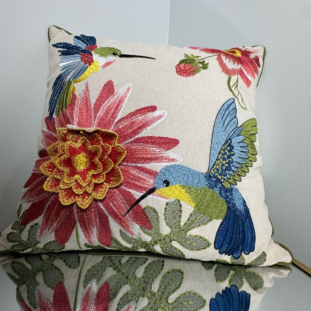 Pier 1 Decorative Embroidered Hummingbird Summer Tropical Throw Pillow - Picture 8 of 13